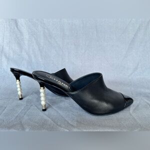 CHANEL Black Mules with Pearl Detail
